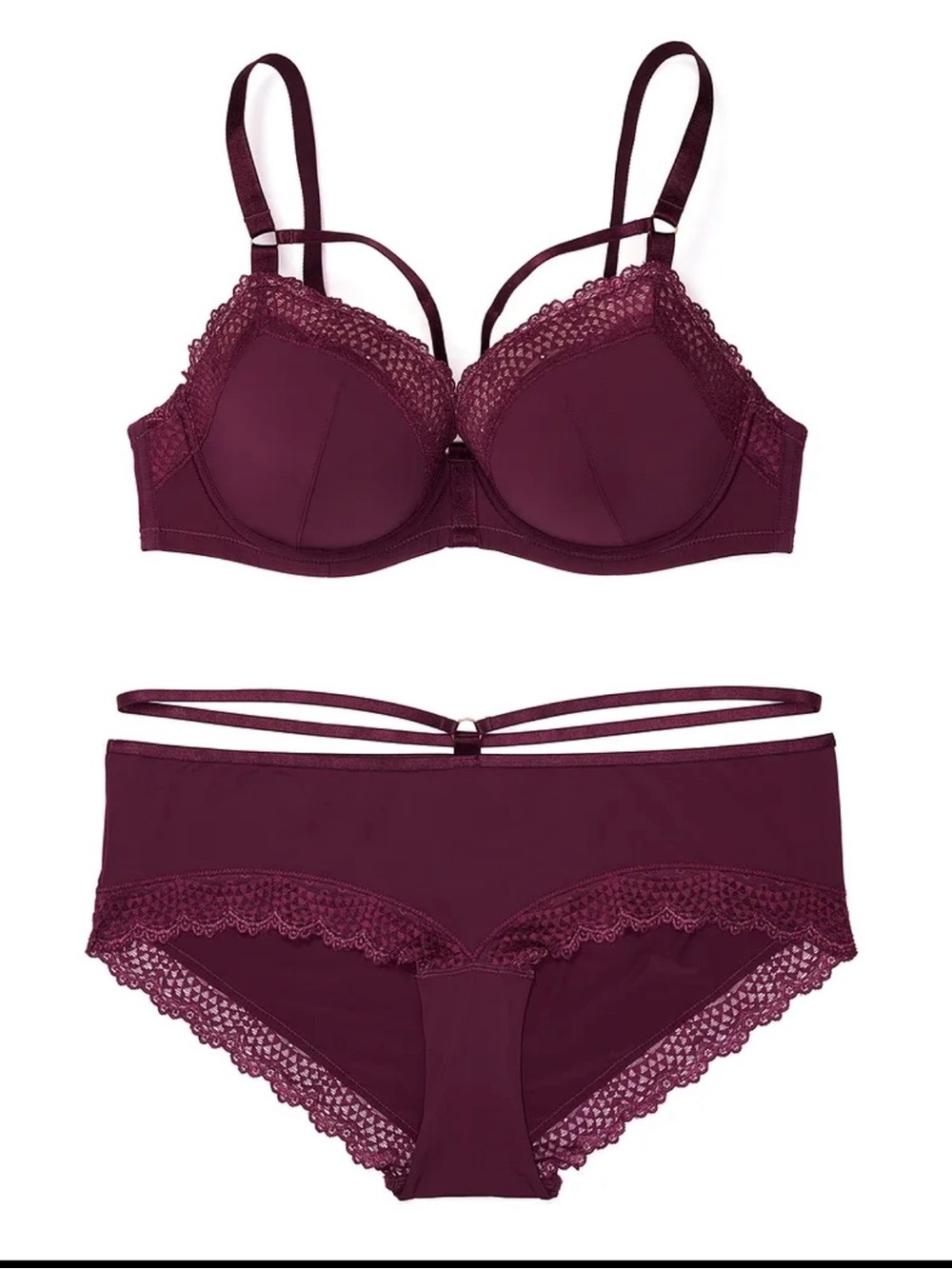 Adore Me Burgundy Lace-Trim Underwire Bra & Strappy Bikini Set